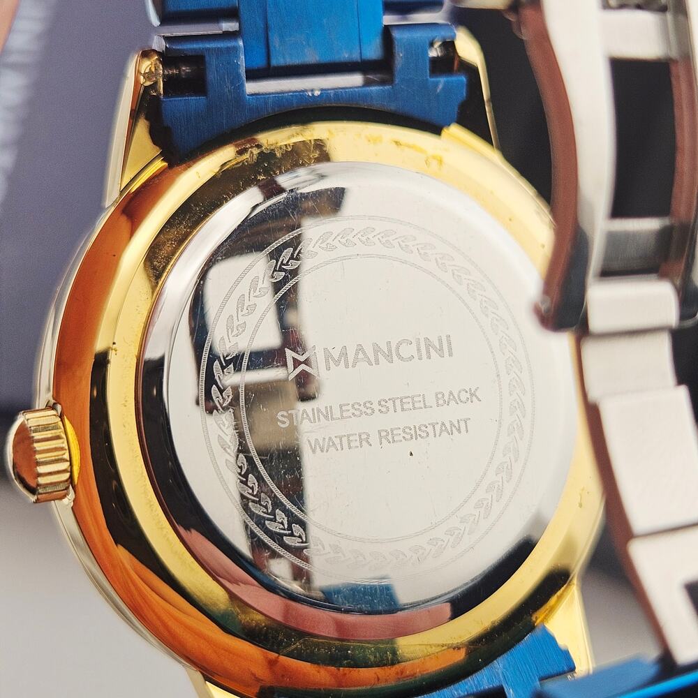 Mancini Roman Numeral Watch Gold & Metallic Blue Link Band Gift Set Bold NEW - Picture 3 of 5